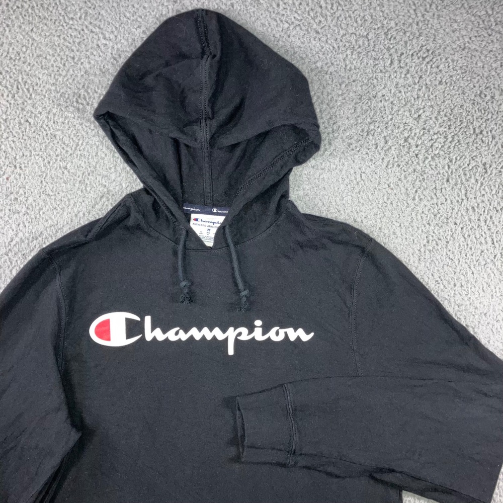 Champion Hoodie Men M Black Long Sleeve Script Logo Lightweight Jersey Tee